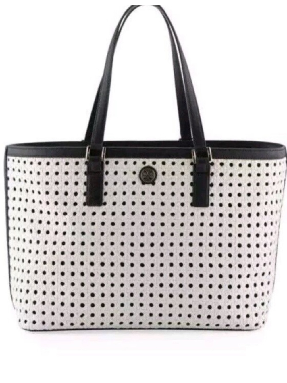 Tory Burch White Perforated Robinson Basket Weave Tote Bag with Navy Blue